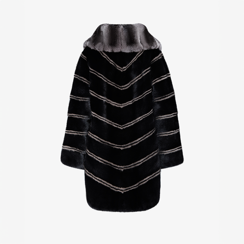Oversized mink jacket with geometric pattern, black color, 90 cm