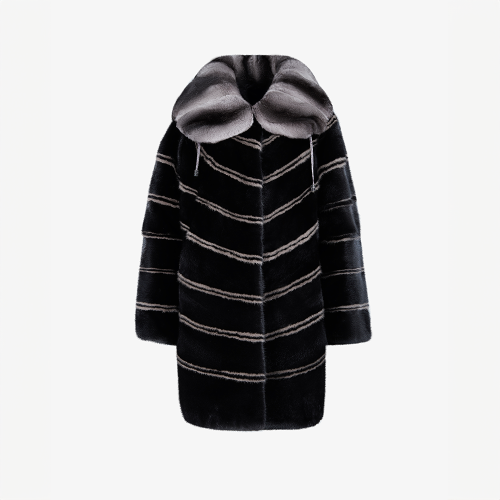 Cappotto di visone con collo ampio di cincillà nero 90 cm