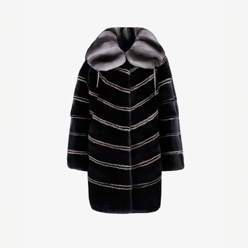 Cappotto di visone con collo ampio di cincillà nero 90 cm