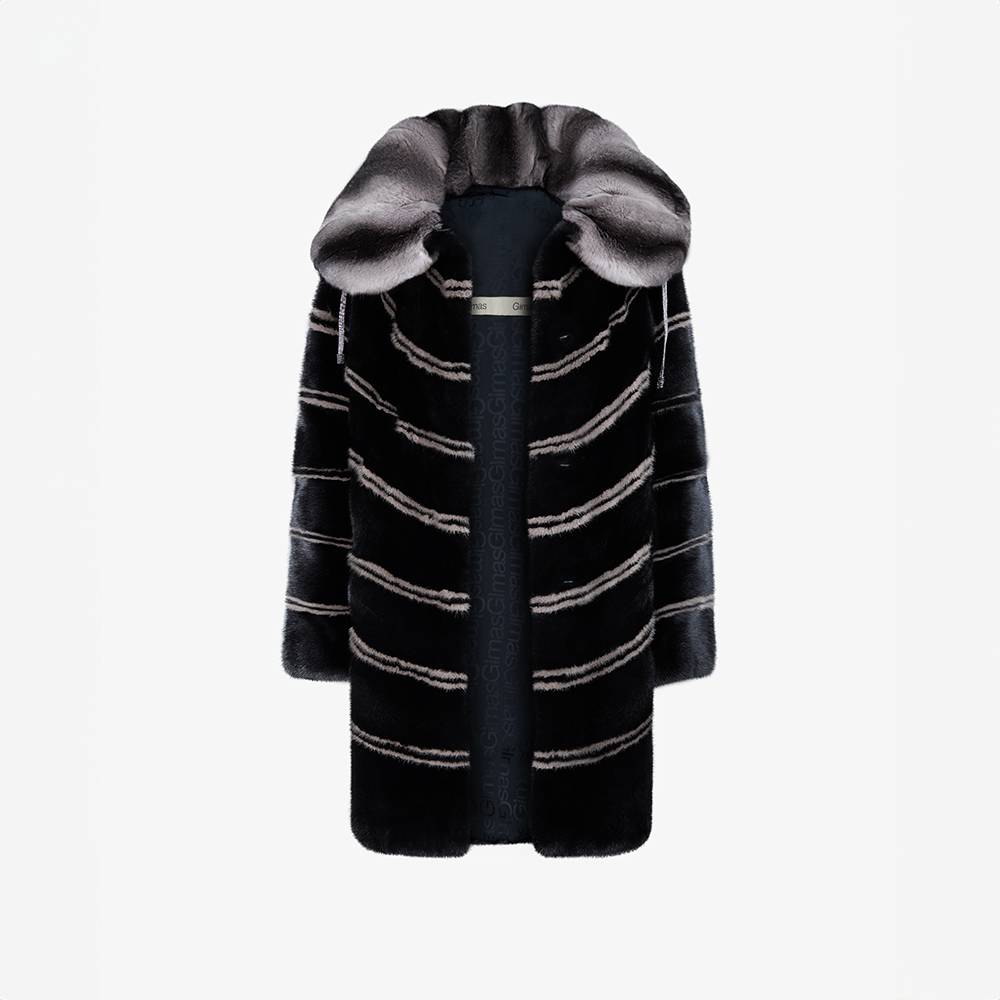 Oversized mink jacket with geometric pattern, black color, 90 cm