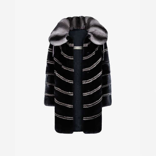 Oversized mink jacket with geometric pattern, black color, 90 cm