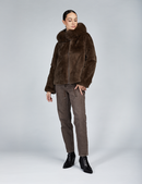 Giacca corta in rex reversibile con cappuccio in volpe marrone 60cm