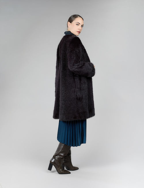 Mink coat without collar, eggplant color, 90 cm.