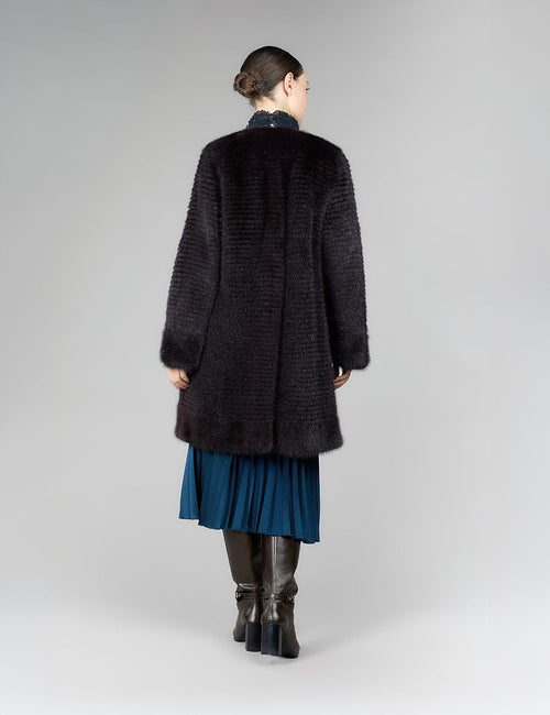 Mink coat without collar, eggplant color, 90 cm.