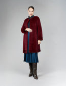 Cappotto di visone filettato senza collo, rosso, 90 cm