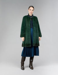 Cappotto di visone filettato senza collo, verde, 90 cm