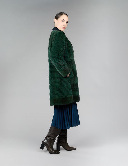 Cappotto di visone filettato senza collo, verde, 90 cm