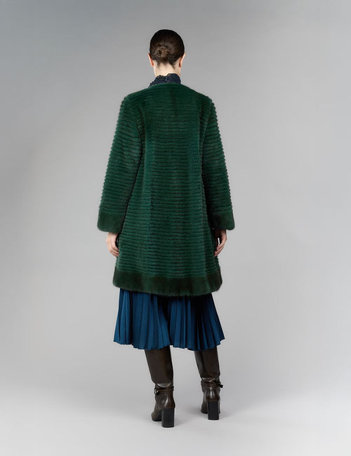 Cappotto di visone filettato senza collo, verde, 90 cm