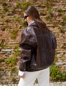 Giacca di pelle oversized vintage con bottoni marrone 70cm