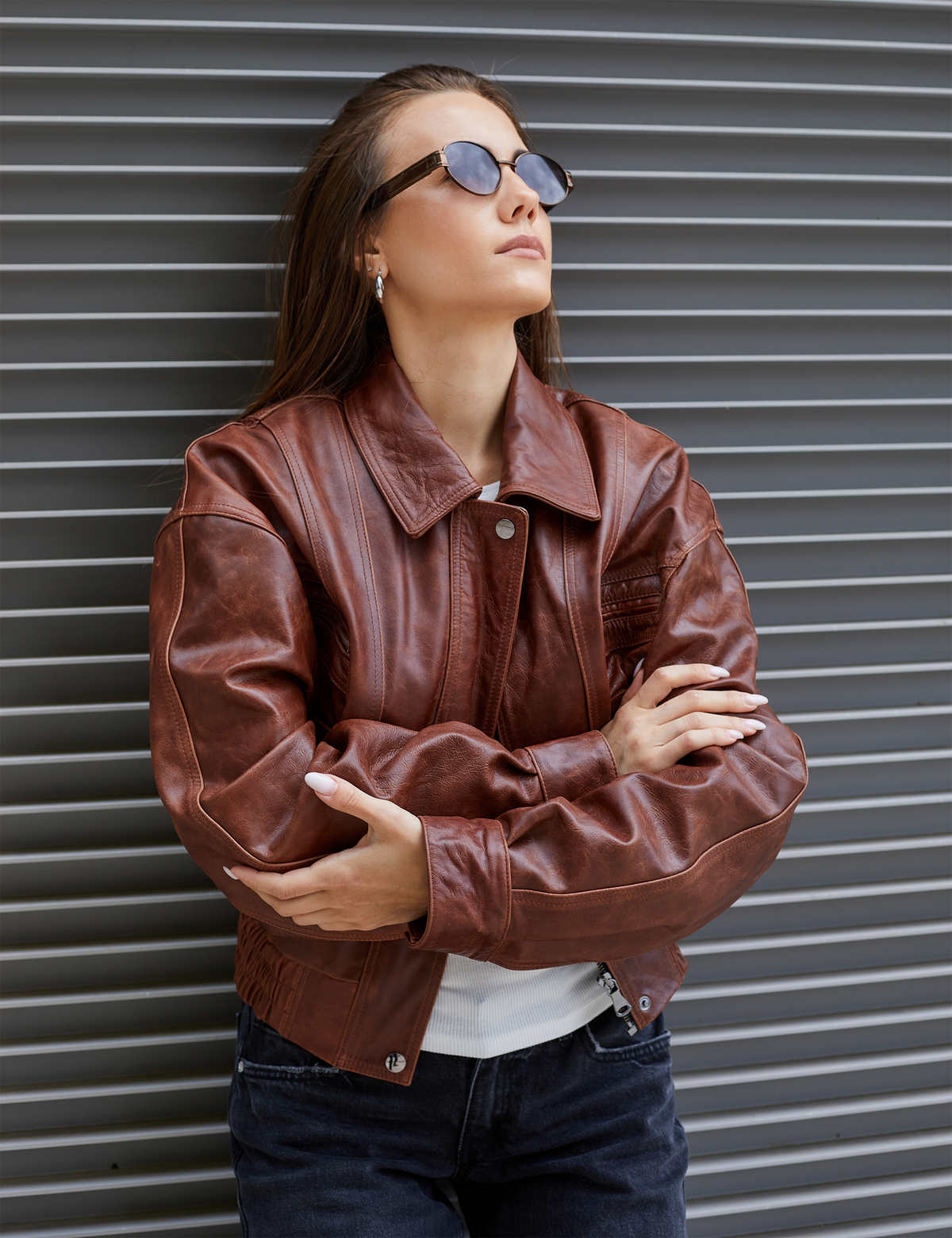 Bomber crop di pelle con elastico e zip bordeaux 50 cm