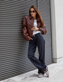 Bomber crop di pelle con elastico e zip bordeaux 50 cm