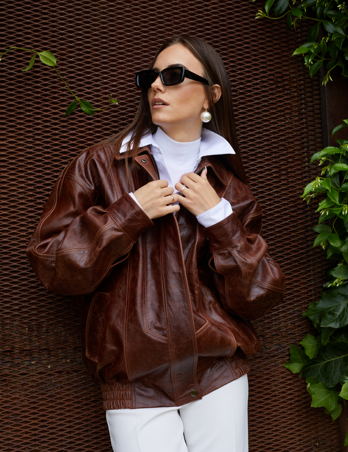 Giacca di pelle oversized con zip, cognac, 70 cm