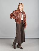 Bomber crop di pelle con elastico e zip cognac 50 cm