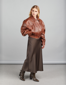 Bomber crop di pelle con elastico e zip cognac 50 cm