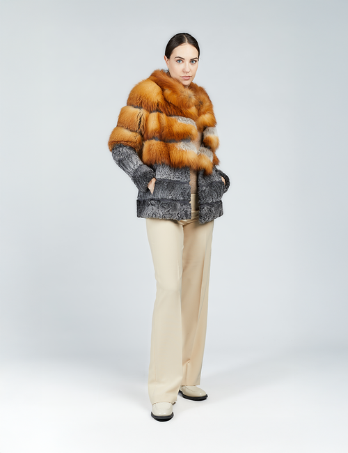 Giacca corta in volpe e persiano slim fit naturale 65cm
