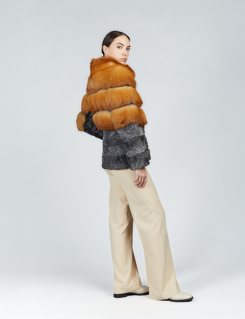 Giacca corta in volpe e persiano slim fit naturale 65cm