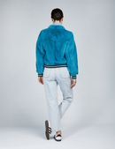 Bomber in visone pelle intera con dettagli in lana e zip azzurro 50cm