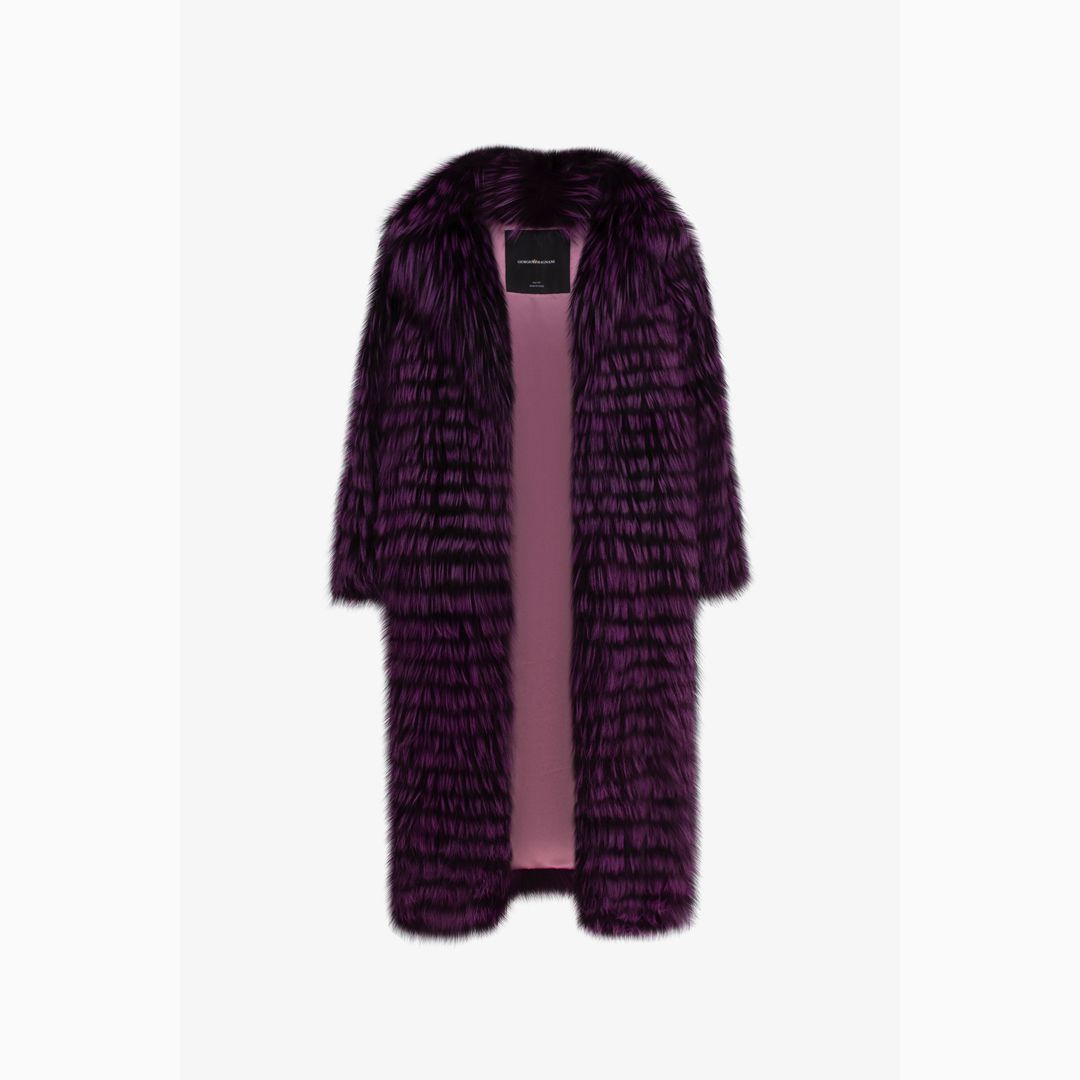 Cappotto lungo in volpe argentata filettata viola 110 cm