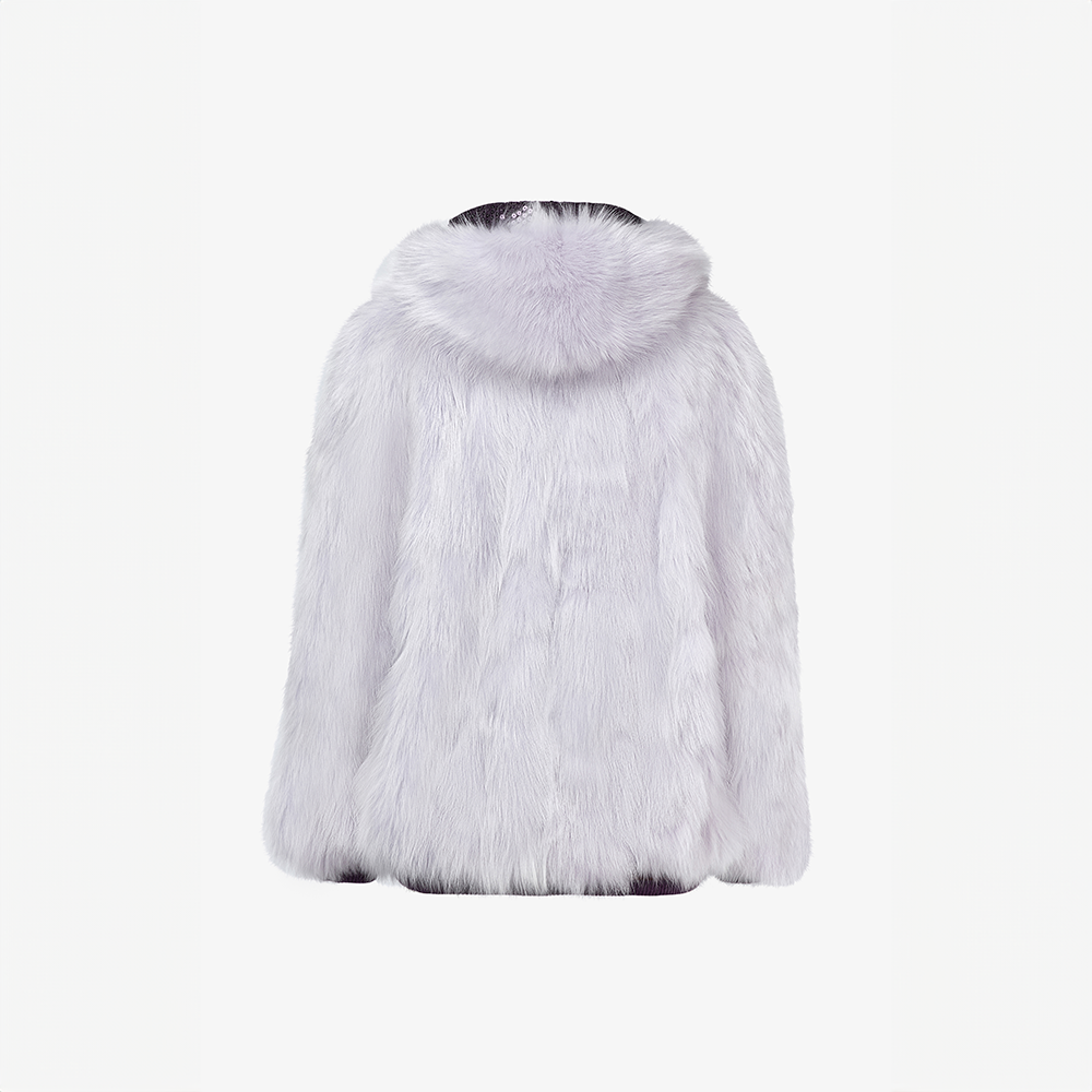 Giacca di volpe reversibile con cappuccio lilla 70 cm