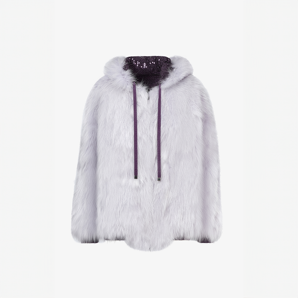 Giacca di volpe reversibile con cappuccio lilla 70 cm