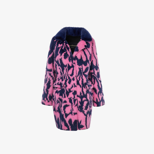 Cappotto in visone reversibile con fantasia floreale fucsia 95 cm
