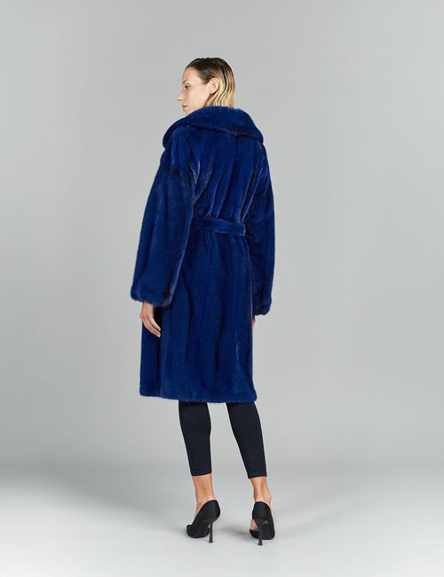 Cappotto in visone, collo ampio, con cintura, reversibile, blu cross, 105 cm