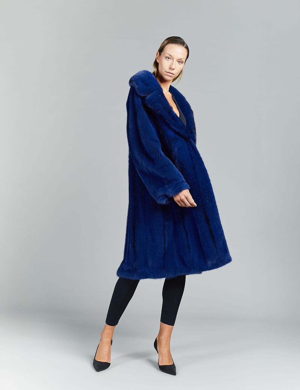 Cappotto in visone, collo ampio, con cintura, reversibile, blu cross, 105 cm