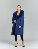 Cappotto in visone, collo ampio, con cintura, reversibile, blu cross, 105 cm
