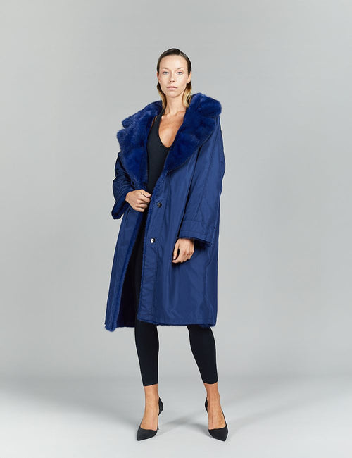 Cappotto in visone, collo ampio, con cintura, reversibile, blu cross, 105 cm