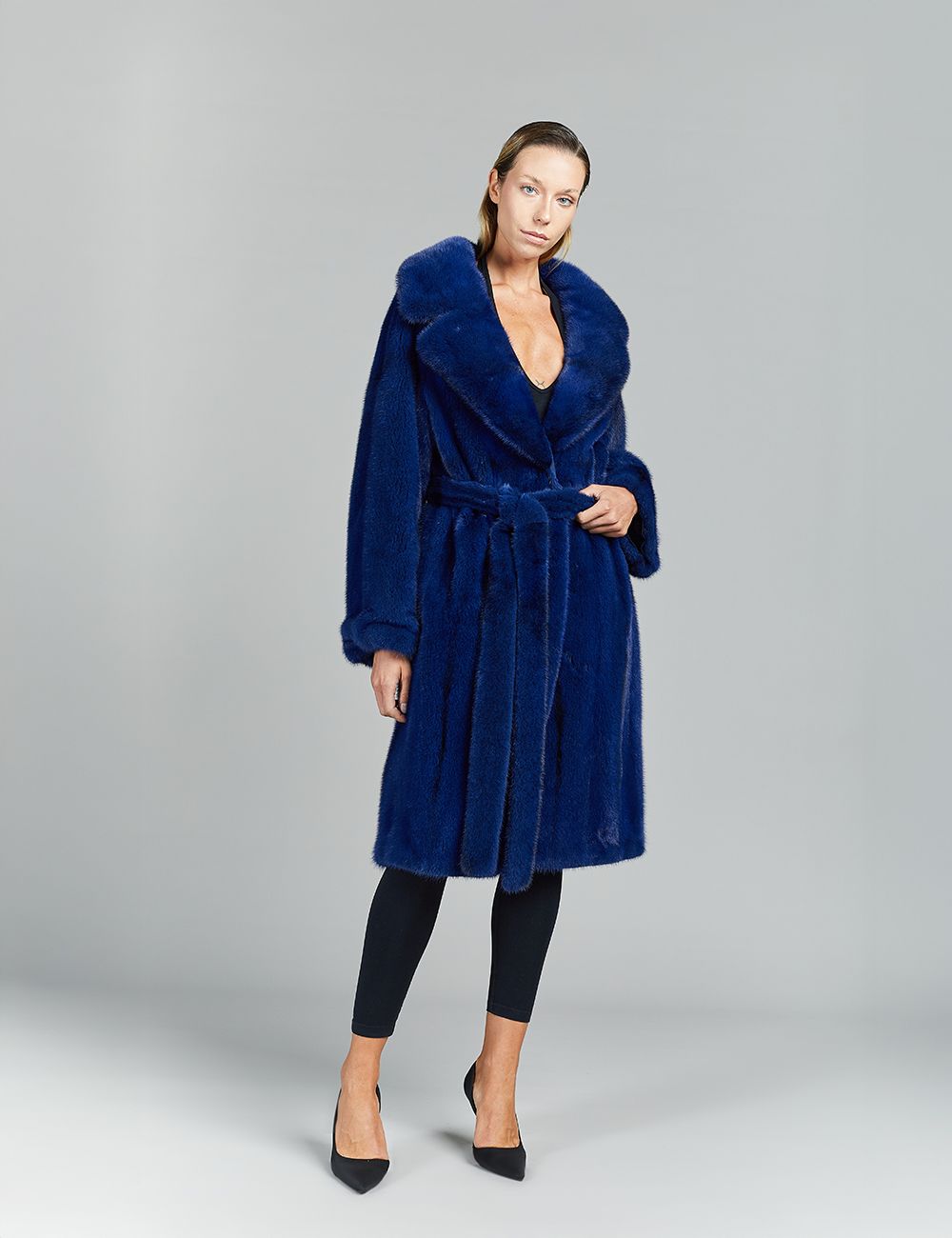 Cappotto in visone, collo ampio, con cintura, reversibile, blu cross, 105 cm