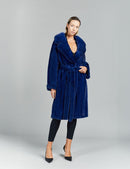 Cappotto in visone, collo ampio, con cintura, reversibile, blu cross, 105 cm