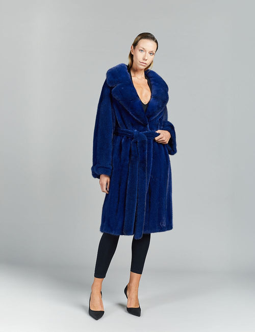 Cappotto in visone, collo ampio, con cintura, reversibile, blu cross, 105 cm