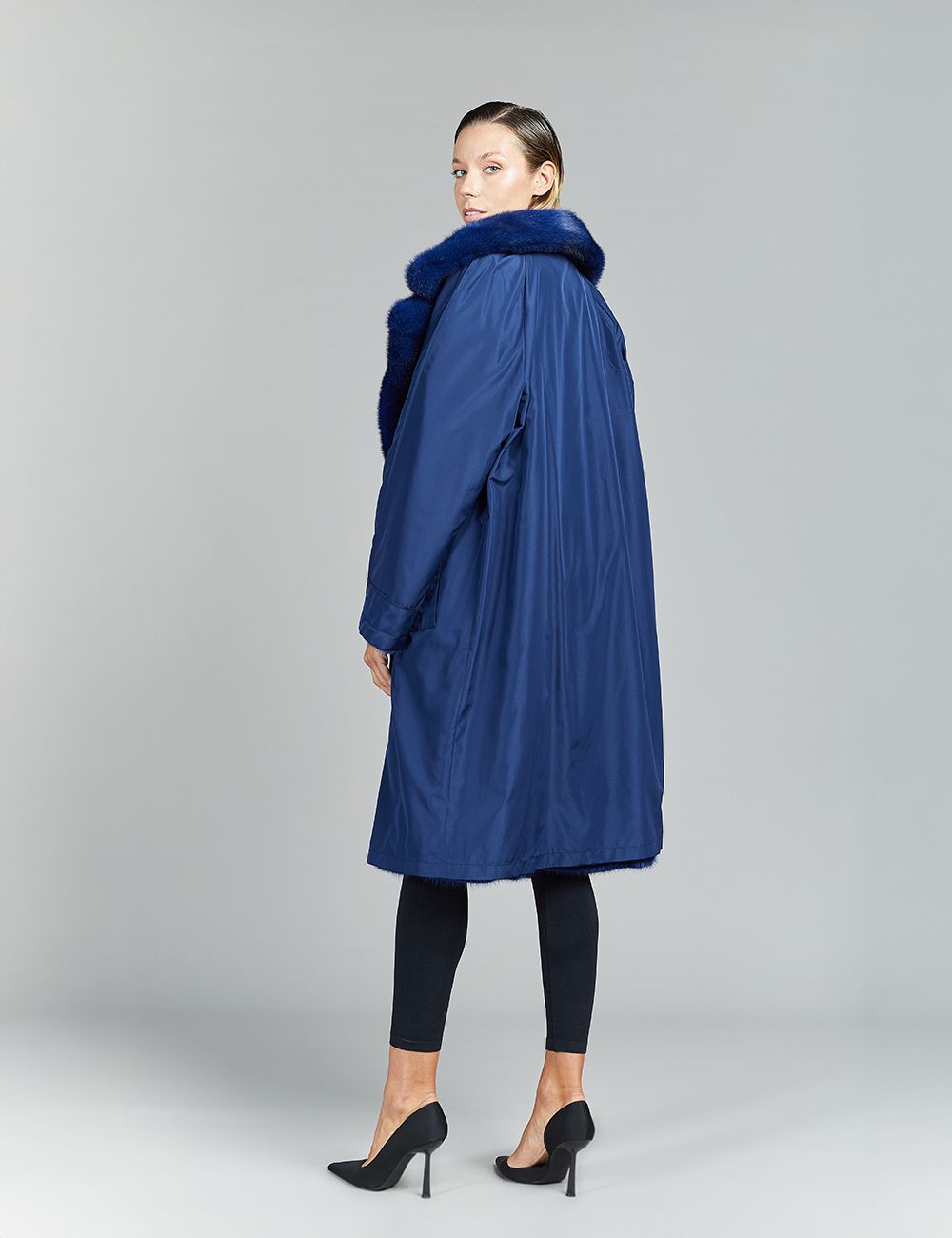 Cappotto in visone, collo ampio, con cintura, reversibile, blu cross, 105 cm