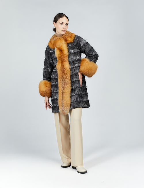 Cappotto in persiano e bordi in volpe grigio 85cm