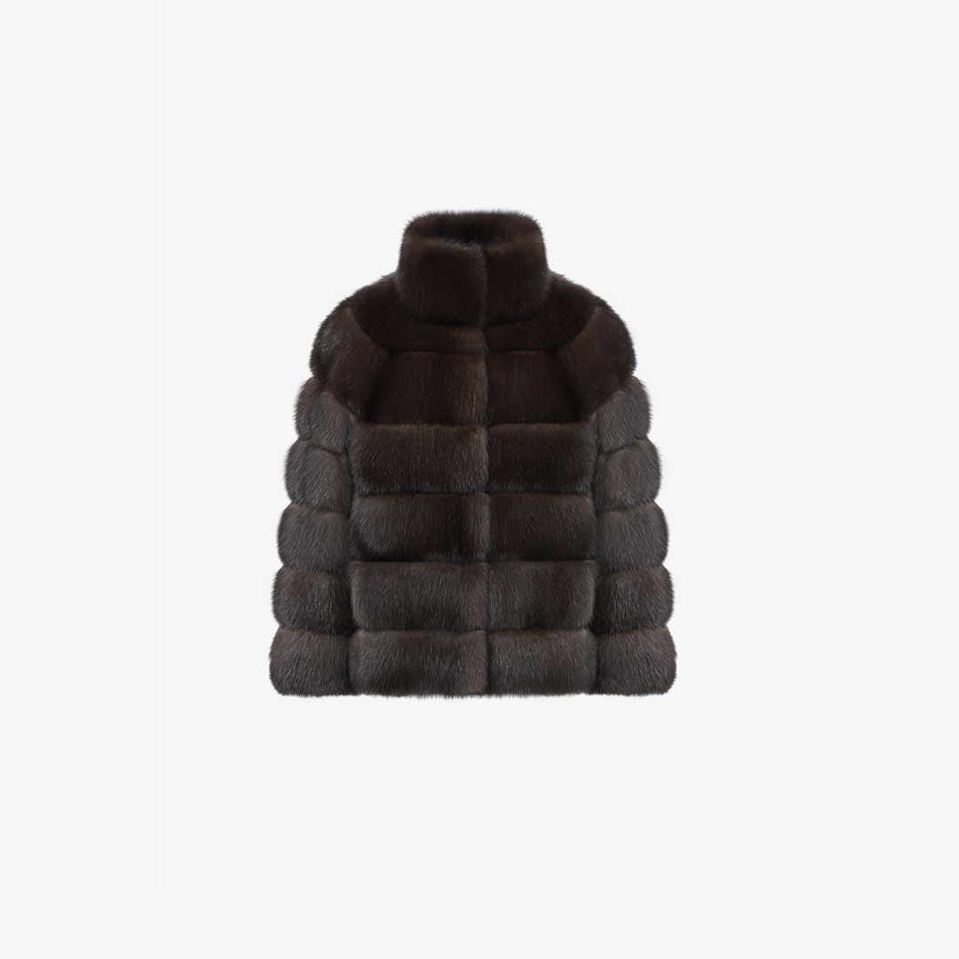 Short sable jacket with high collar in dark brown, 60 cm