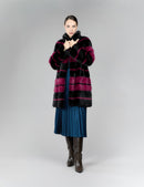 Cappotto di visone con collo alto e fantasia geometrica, purple, 85 cm