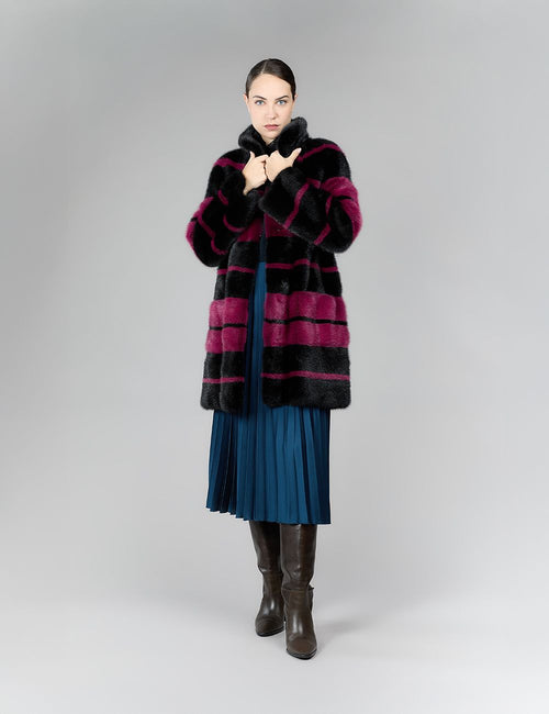 Cappotto di visone con collo alto e fantasia geometrica, purple, 85 cm