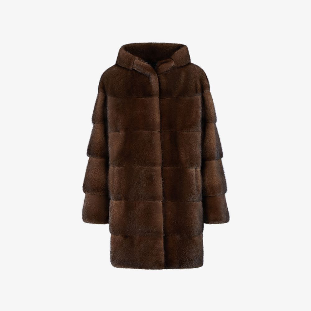 Cappotto al ginocchio in visone con cappuccio demi buff 85cm