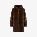 Cappotto al ginocchio in visone con cappuccio demi buff 85cm