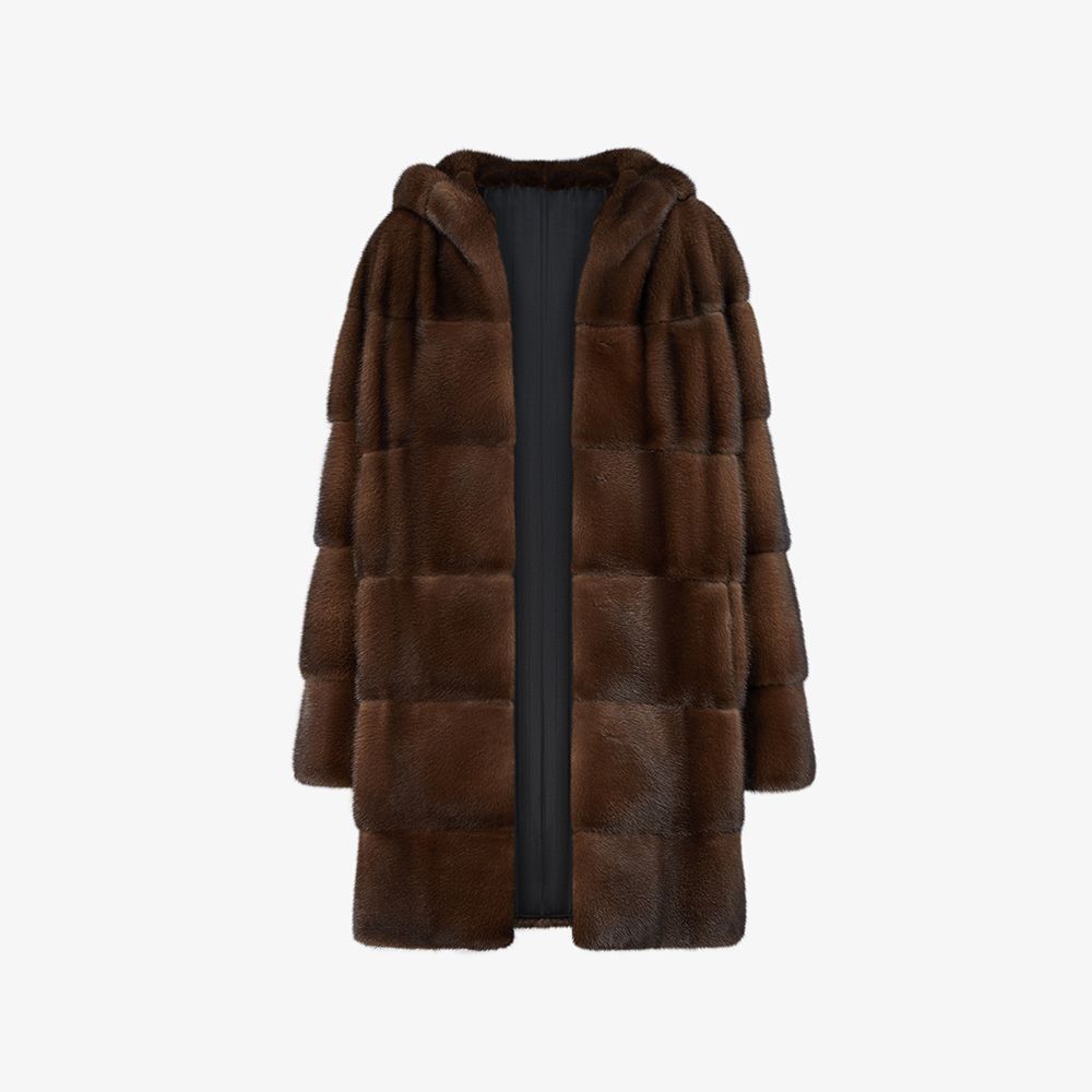 Cappotto al ginocchio in visone con cappuccio demi buff 85cm
