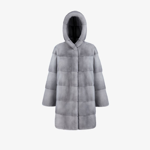 Cappotto al ginocchio in visone con cappuccio zaffiro 85cm