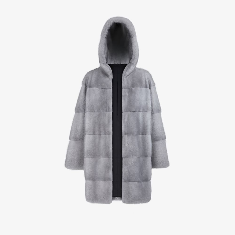 Cappotto al ginocchio in visone con cappuccio zaffiro 85cm