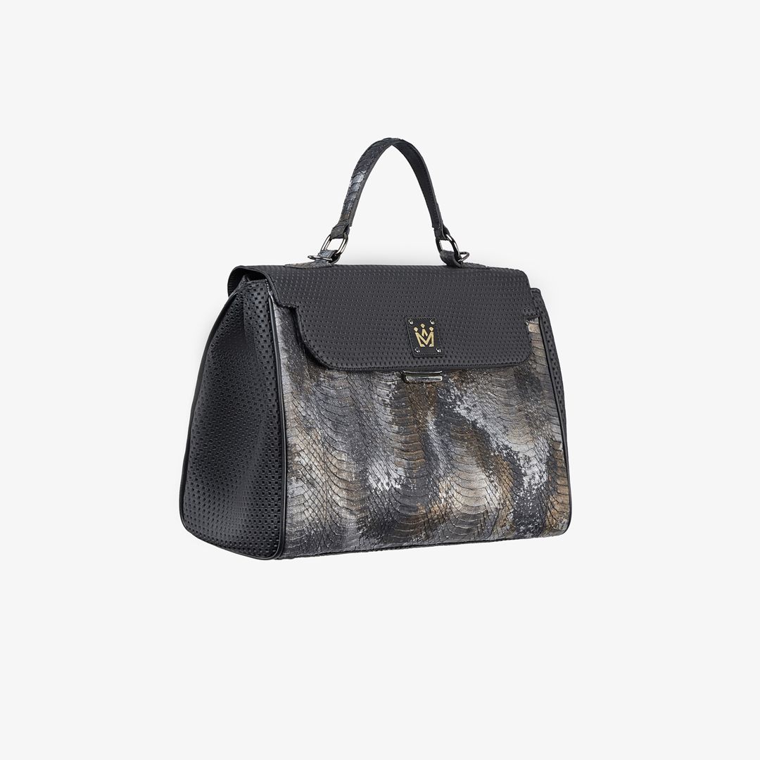 Shopper in pelle con inserti in serpente e logo