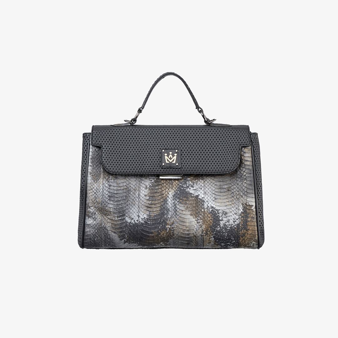 Shopper in pelle con inserti in serpente e logo