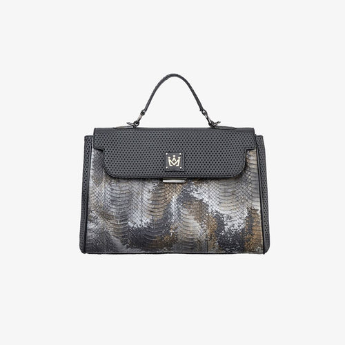 Shopper in pelle con inserti in serpente e logo