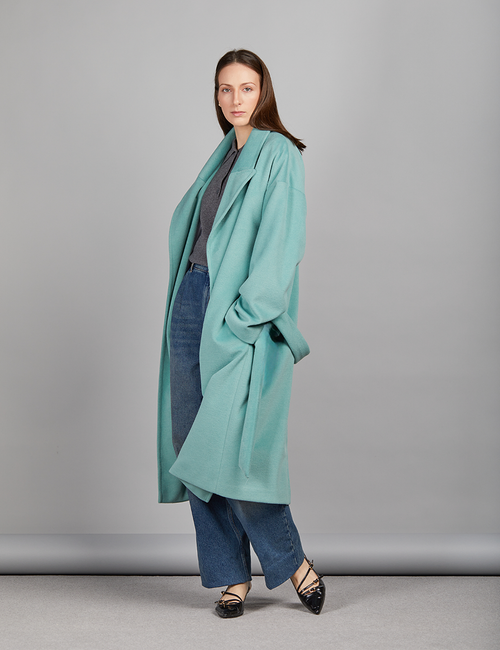Long wool coat with belt, aquamarine, 120 cm
