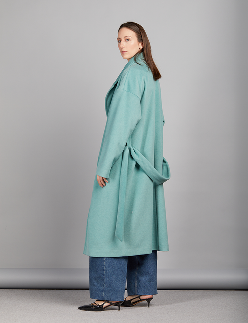 Long wool coat with belt, aquamarine, 120 cm