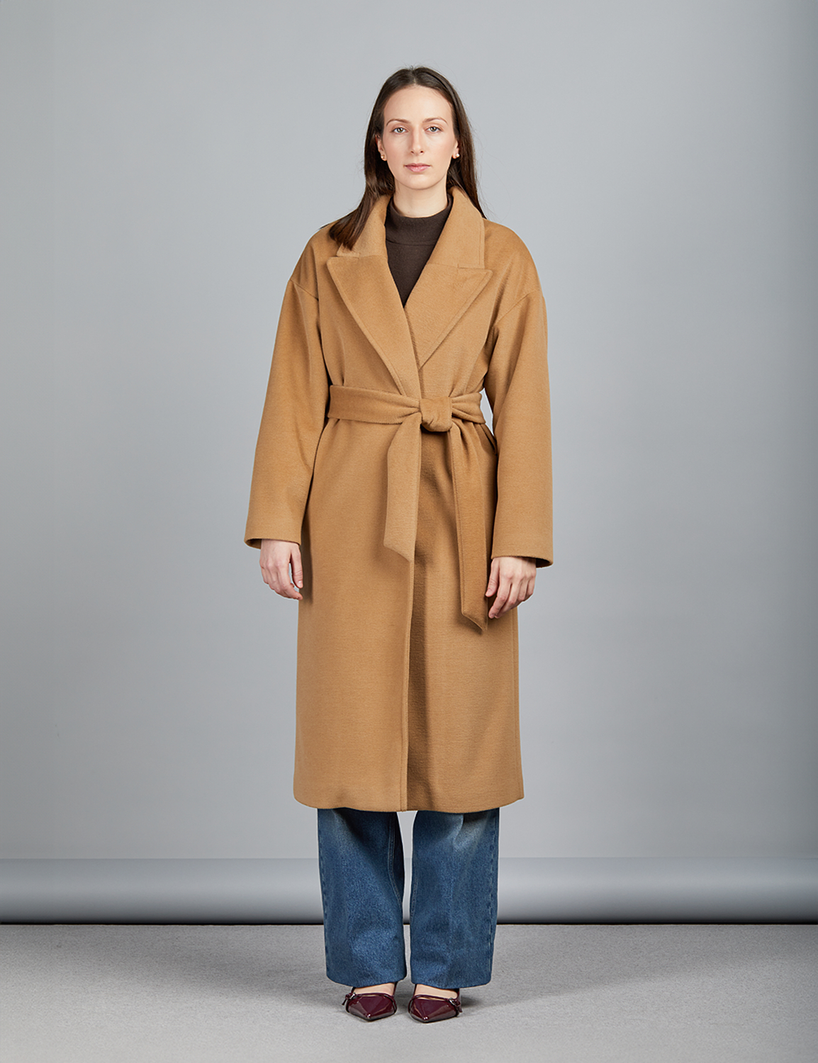 Cappotto lungo in lana con cintura, cammello, 120 cm