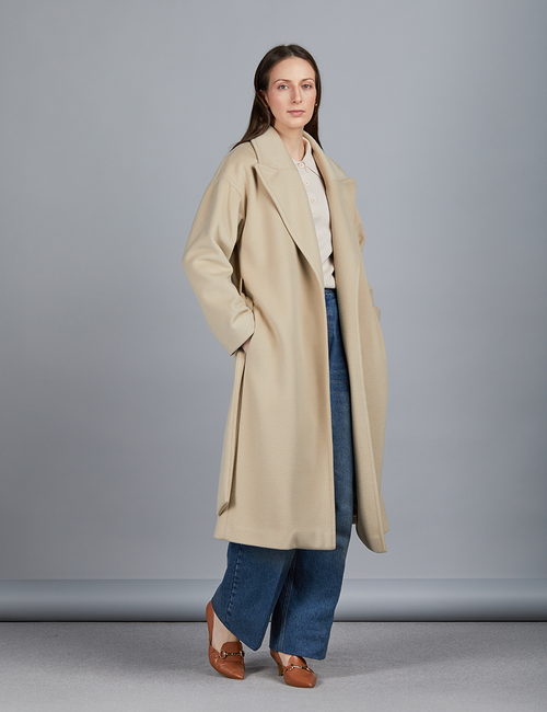 Cappotto lungo in lana con cintura, sabbia, 120 cm
