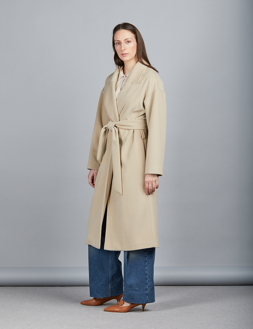 Cappotto lungo in lana con cintura, sabbia, 120 cm